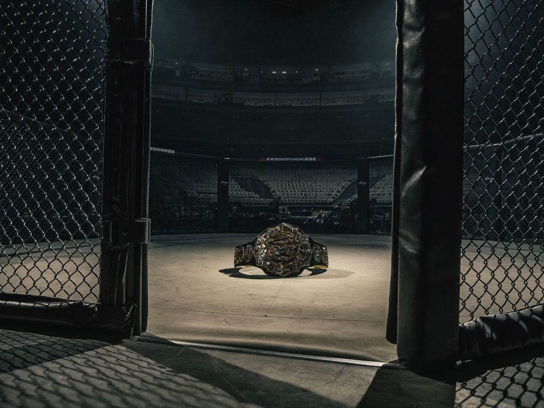 Cage UFC vide avec la ceinture des poids mouches sur le sol